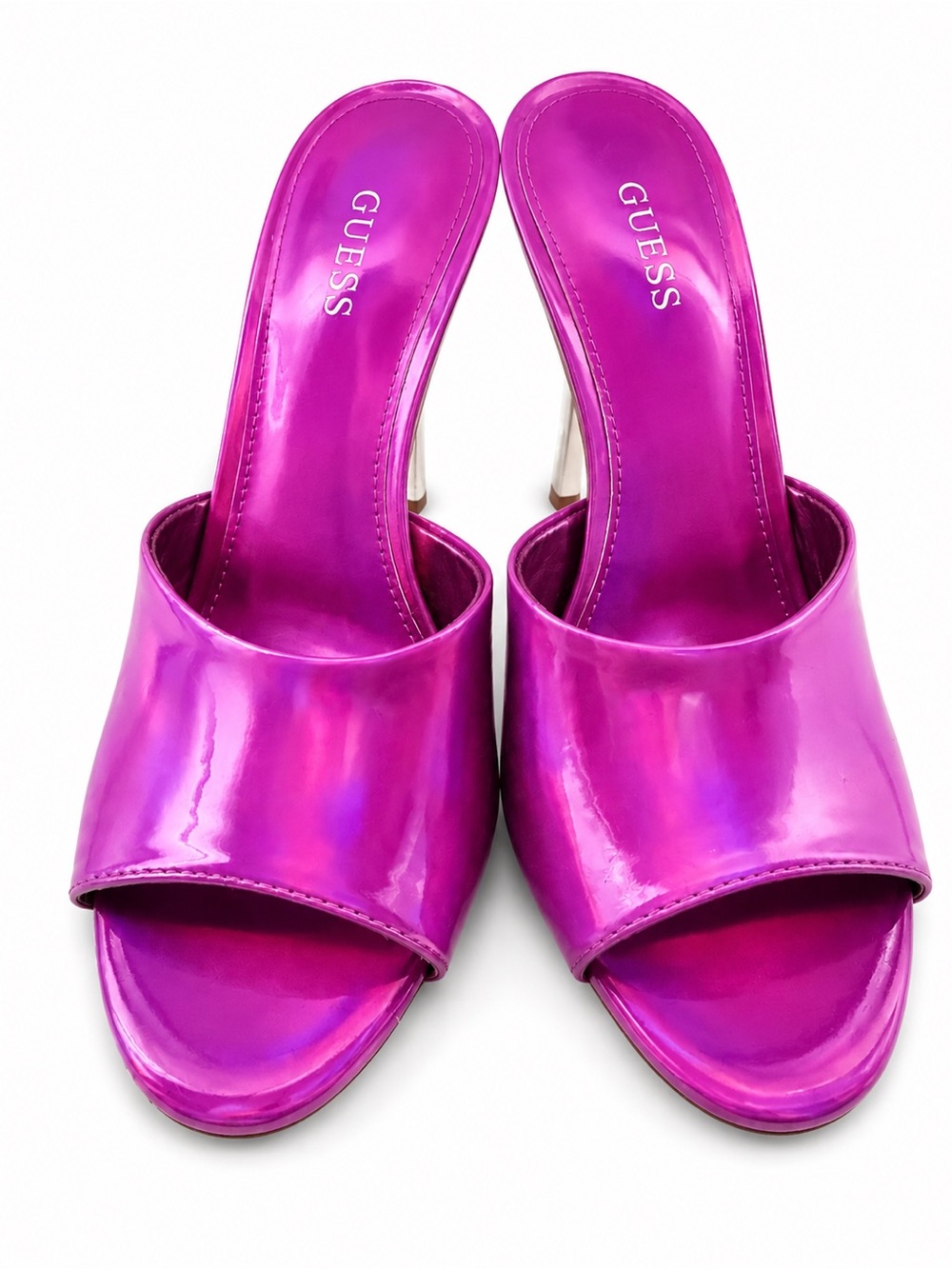 GUESS Fuchsia Patent Slide Mules with Clear Stiletto